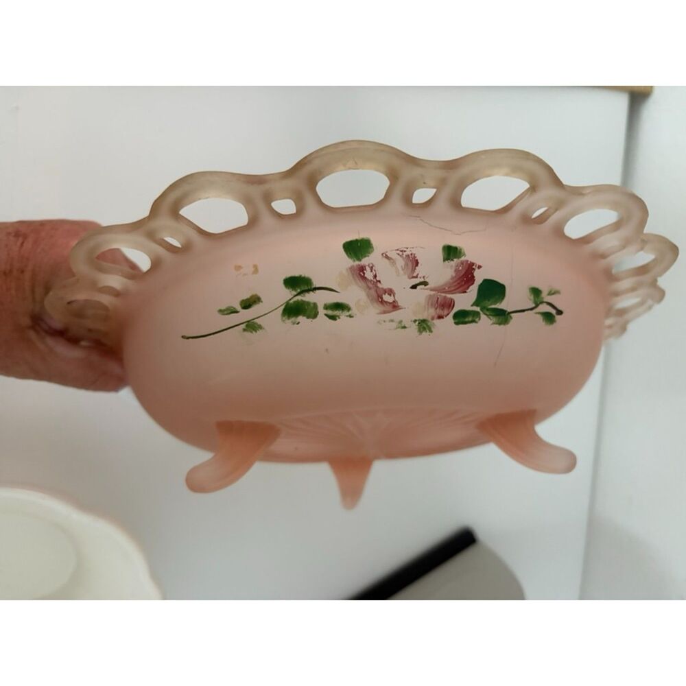 frosted pink depression glass footed bowl with ruffled edge and hand painted flo